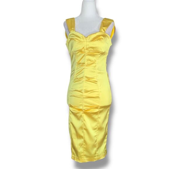 Vintage 90s Cache Dress Yellow Satin Ruched Wiggle Sleeveless Sweetheart Neck - Picture 1 of 10